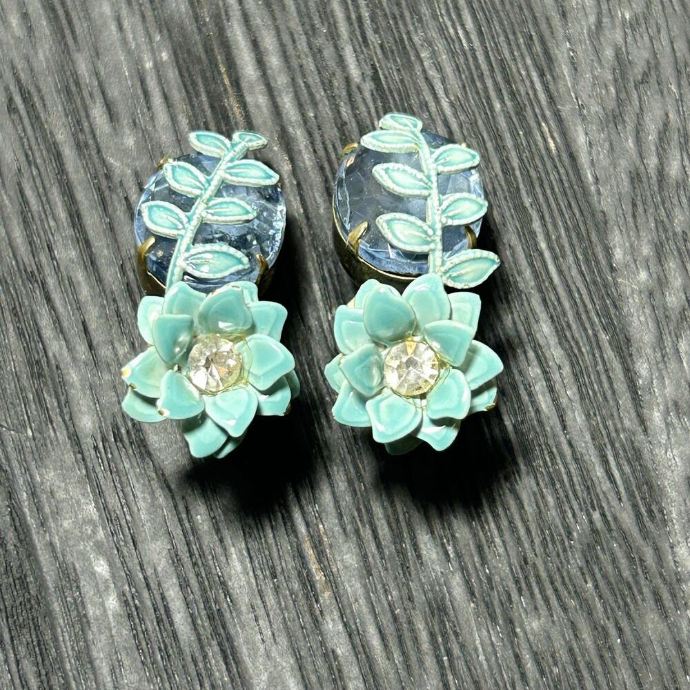 Vintage Glass And Enamel Earrings Blue Clip On Floral Vines Spring - Picture 3 of 11